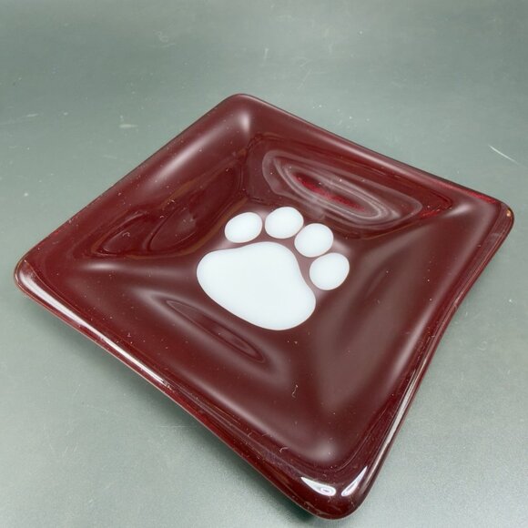 Hand Made Red Fused Art Glass Square Trinket Dish Plate White Dog Paw Vintage - Picture 8 of 13
